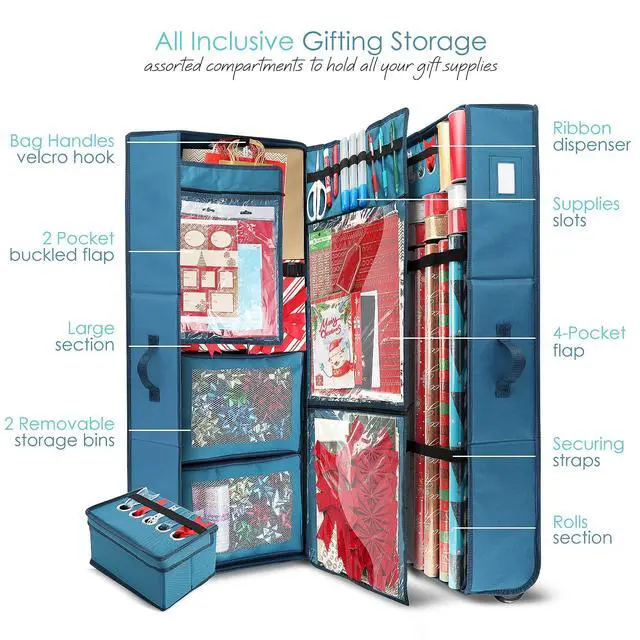 Alt view image 2 of 7 - Wrapping Paper Storage Container with Ribbon Dispenser and Interior Pockets - Large Christmas Storage Containers with Wheels, Fits 30 Rolls of 40" Length, Blue