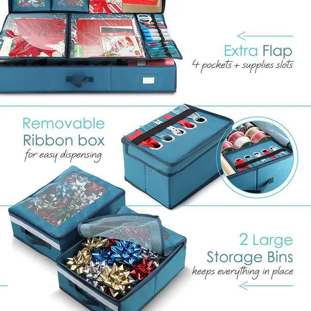 Alt view image 4 of 7 - Wrapping Paper Storage Container with Ribbon Dispenser and Interior Pockets - Large Christmas Storage Containers with Wheels, Fits 30 Rolls of 40" Length, Blue