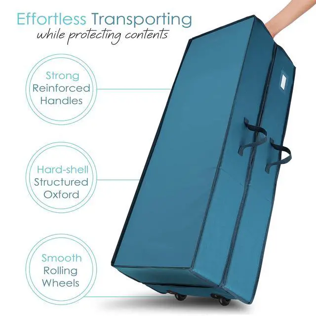 Alt view image 3 of 7 - Wrapping Paper Storage Container with Ribbon Dispenser and Interior Pockets - Large Christmas Storage Containers with Wheels, Fits 30 Rolls of 40" Length, Blue