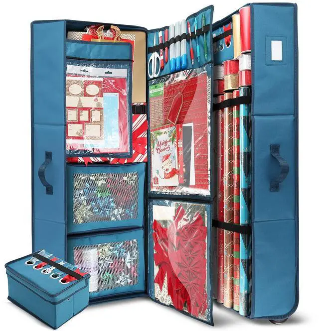 Main image of Wrapping Paper Storage Container with Ribbon Dispenser and Interior Pockets - Large Christmas Storage Containers with Wheels, Fits 30 Rolls of 40" Length, Blue