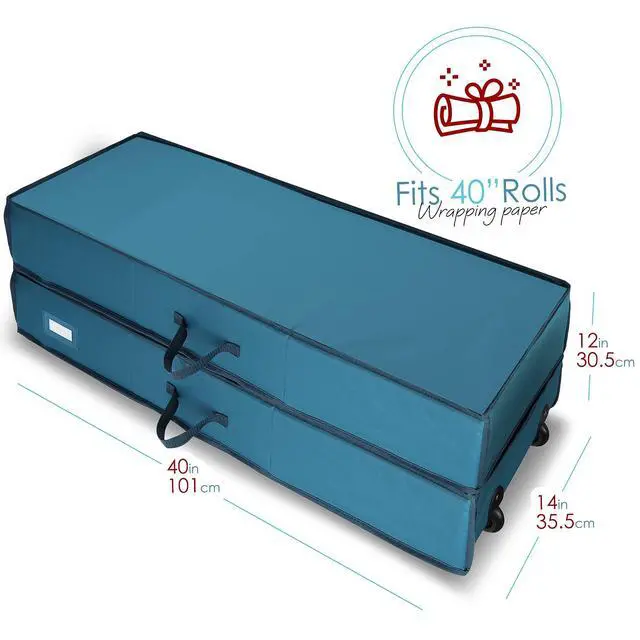 Alt view image 7 of 7 - Wrapping Paper Storage Container with Ribbon Dispenser and Interior Pockets - Large Christmas Storage Containers with Wheels, Fits 30 Rolls of 40" Length, Blue