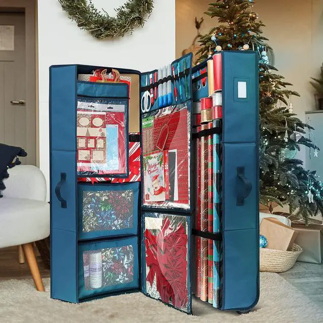 Alt view image 6 of 7 - Wrapping Paper Storage Container with Ribbon Dispenser and Interior Pockets - Large Christmas Storage Containers with Wheels, Fits 30 Rolls of 40" Length, Blue