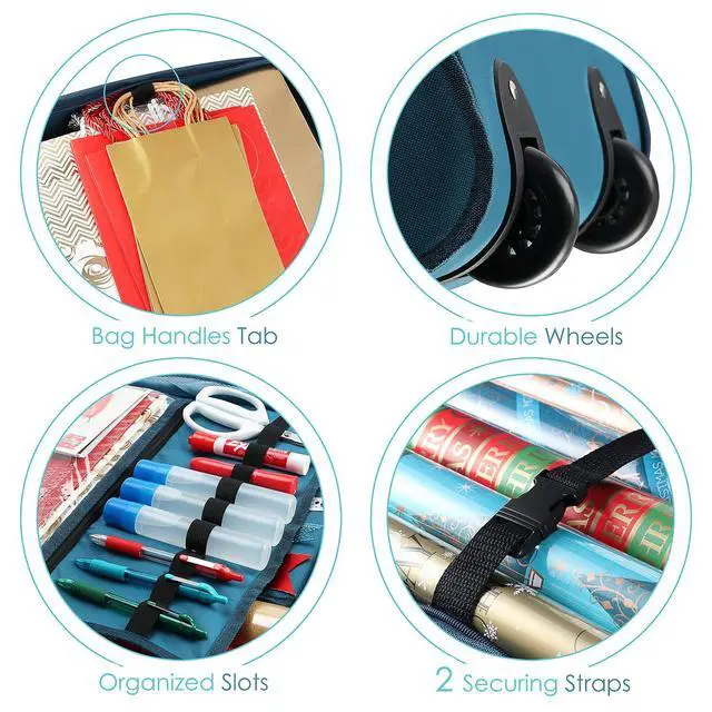 Alt view image 5 of 7 - Wrapping Paper Storage Container with Ribbon Dispenser and Interior Pockets - Large Christmas Storage Containers with Wheels, Fits 30 Rolls of 40" Length, Blue