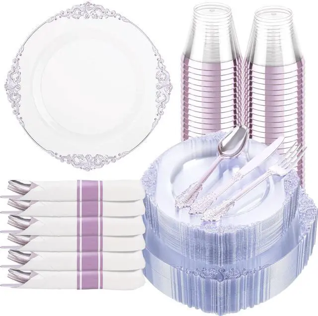 Main image of 175pcs Clear and Purple Plates - Party Plates for 25 Guest, Include 50 Heavy-duty Plates(20% Thicker Than Standard), 25 Pre Rolled Plastic Silverware Set, 25 Cups