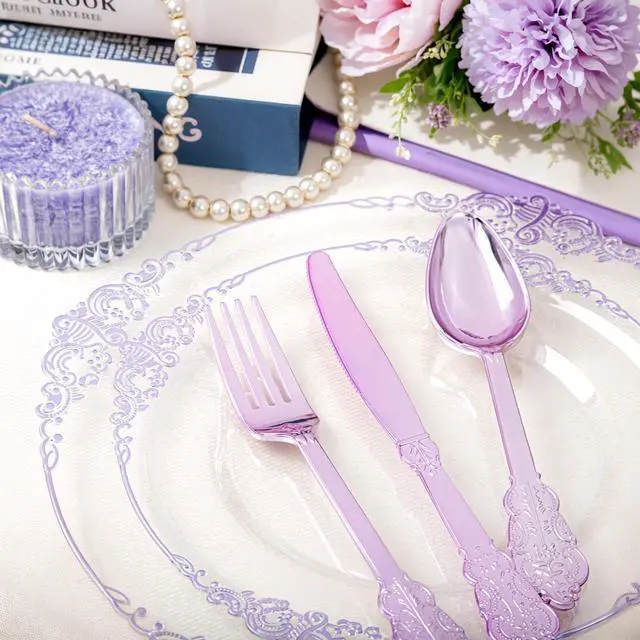 Alt view image 2 of 7 - 175pcs Clear and Purple Plates - Party Plates for 25 Guest, Include 50 Heavy-duty Plates(20% Thicker Than Standard), 25 Pre Rolled Plastic Silverware Set, 25 Cups