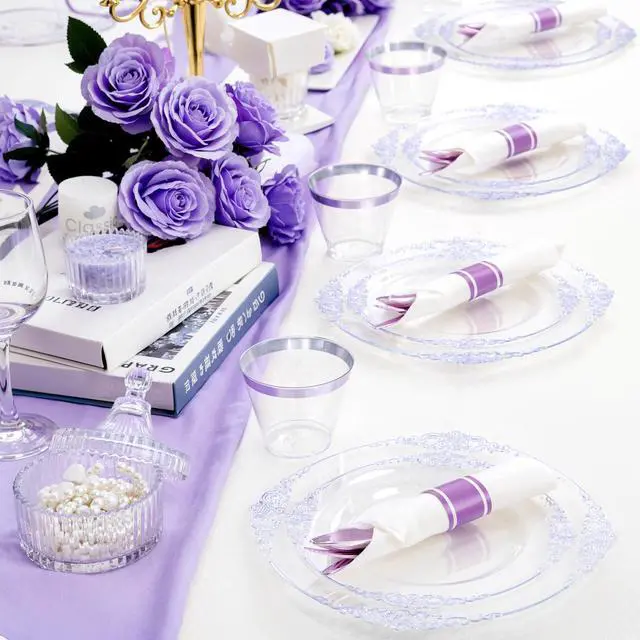 Alt view image 4 of 7 - 175pcs Clear and Purple Plates - Party Plates for 25 Guest, Include 50 Heavy-duty Plates(20% Thicker Than Standard), 25 Pre Rolled Plastic Silverware Set, 25 Cups