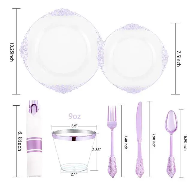 Alt view image 5 of 7 - 175pcs Clear and Purple Plates - Party Plates for 25 Guest, Include 50 Heavy-duty Plates(20% Thicker Than Standard), 25 Pre Rolled Plastic Silverware Set, 25 Cups