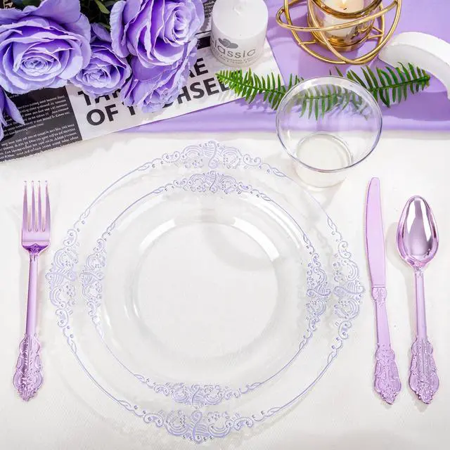 Alt view image 3 of 7 - 175pcs Clear and Purple Plates - Party Plates for 25 Guest, Include 50 Heavy-duty Plates(20% Thicker Than Standard), 25 Pre Rolled Plastic Silverware Set, 25 Cups