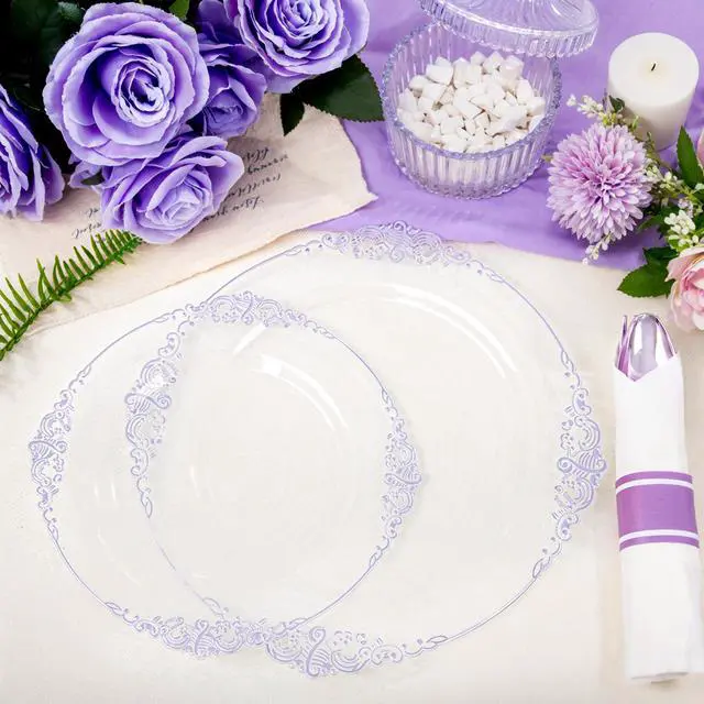 Alt view image 6 of 7 - 175pcs Clear and Purple Plates - Party Plates for 25 Guest, Include 50 Heavy-duty Plates(20% Thicker Than Standard), 25 Pre Rolled Plastic Silverware Set, 25 Cups