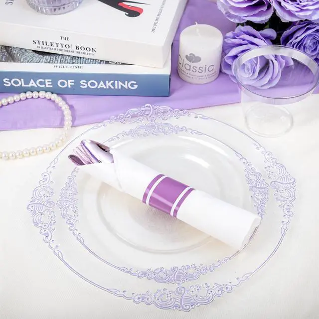 Alt view image 7 of 7 - 175pcs Clear and Purple Plates - Party Plates for 25 Guest, Include 50 Heavy-duty Plates(20% Thicker Than Standard), 25 Pre Rolled Plastic Silverware Set, 25 Cups