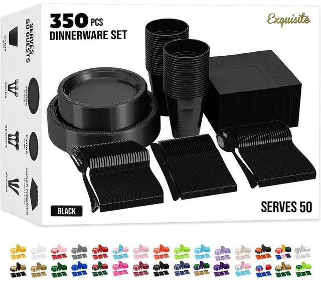 Main image of 350 Pcs Black Plastic Plates For Party, Black Disposable Plates Set, 50 Of Each 9" Dinner Plate Set, 7" Dessert Plate, Cups, Napkins & Cutlery Plastic Dinnerware Set Exquisite