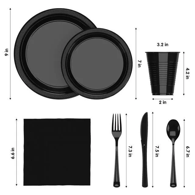 Alt view image 2 of 7 - 350 Pcs Black Plastic Plates For Party, Black Disposable Plates Set, 50 Of Each 9" Dinner Plate Set, 7" Dessert Plate, Cups, Napkins & Cutlery Plastic Dinnerware Set Exquisite