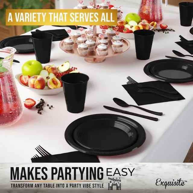 Alt view image 4 of 7 - 350 Pcs Black Plastic Plates For Party, Black Disposable Plates Set, 50 Of Each 9" Dinner Plate Set, 7" Dessert Plate, Cups, Napkins & Cutlery Plastic Dinnerware Set Exquisite