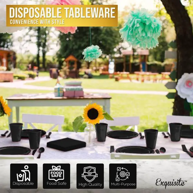 Alt view image 5 of 7 - 350 Pcs Black Plastic Plates For Party, Black Disposable Plates Set, 50 Of Each 9" Dinner Plate Set, 7" Dessert Plate, Cups, Napkins & Cutlery Plastic Dinnerware Set Exquisite
