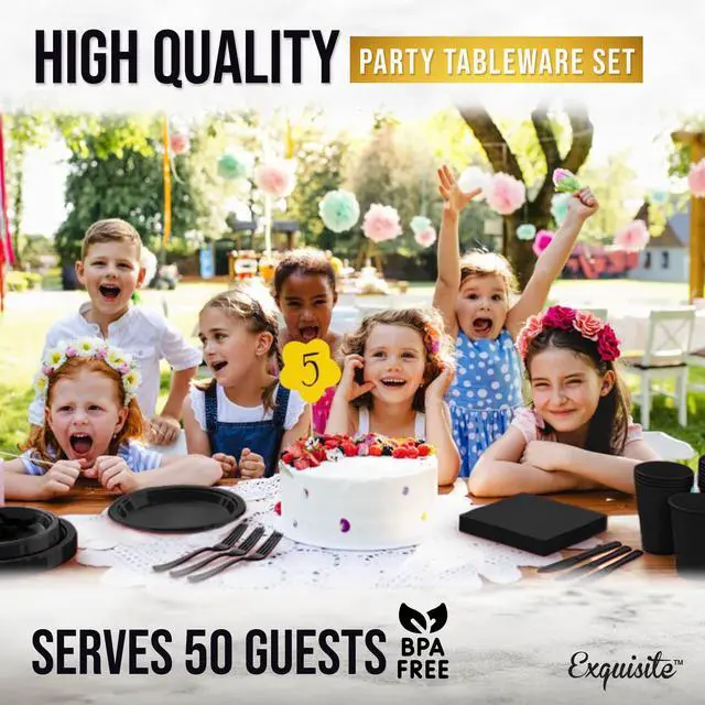 Alt view image 6 of 7 - 350 Pcs Black Plastic Plates For Party, Black Disposable Plates Set, 50 Of Each 9" Dinner Plate Set, 7" Dessert Plate, Cups, Napkins & Cutlery Plastic Dinnerware Set Exquisite