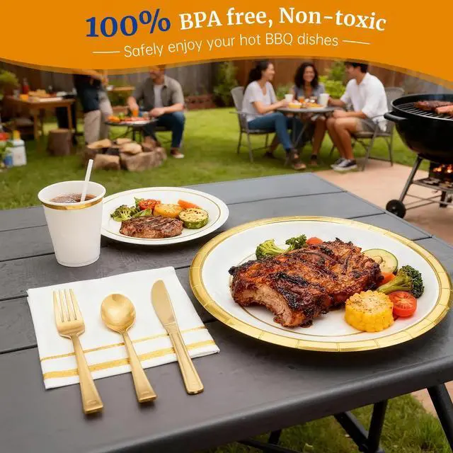 Alt view image 4 of 6 - Gold White Paper Plates Set, 350PCS Disposable Tableware for 50