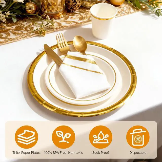 Alt view image 5 of 6 - Gold White Paper Plates Set, 350PCS Disposable Tableware for 50