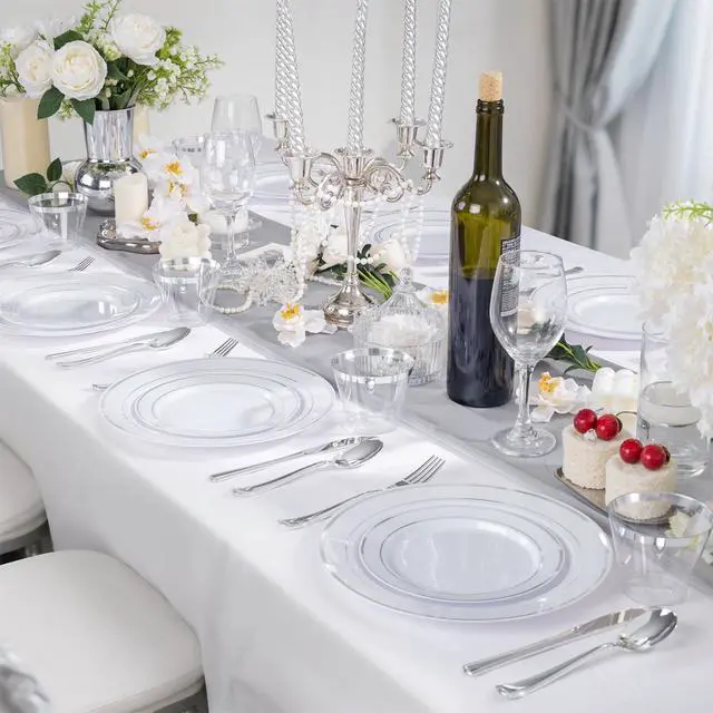 Alt view image 2 of 7 - 600 PCS Silver Disposable Dinnerware Set for 100 Guests, Wedding Reception Plates & Silver Plastic Tableware, Dinner & Salad Plates, Cups, Forks, Knives & Spoons for Weddings & Elegant Events