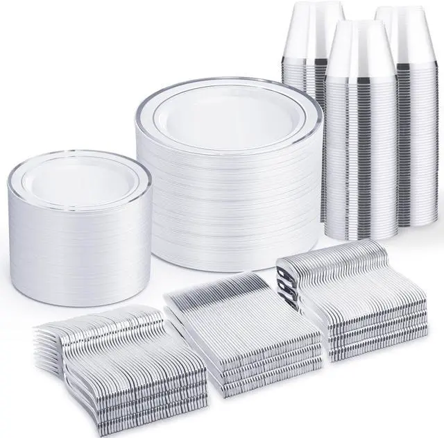 Main image of 600 PCS Silver Disposable Dinnerware Set for 100 Guests, Wedding Reception Plates & Silver Plastic Tableware, Dinner & Salad Plates, Cups, Forks, Knives & Spoons for Weddings & Elegant Events