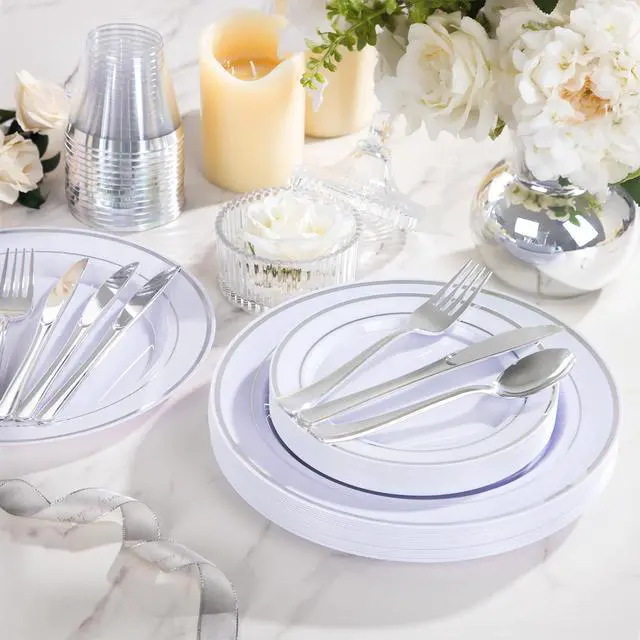 Alt view image 4 of 7 - 600 PCS Silver Disposable Dinnerware Set for 100 Guests, Wedding Reception Plates & Silver Plastic Tableware, Dinner & Salad Plates, Cups, Forks, Knives & Spoons for Weddings & Elegant Events