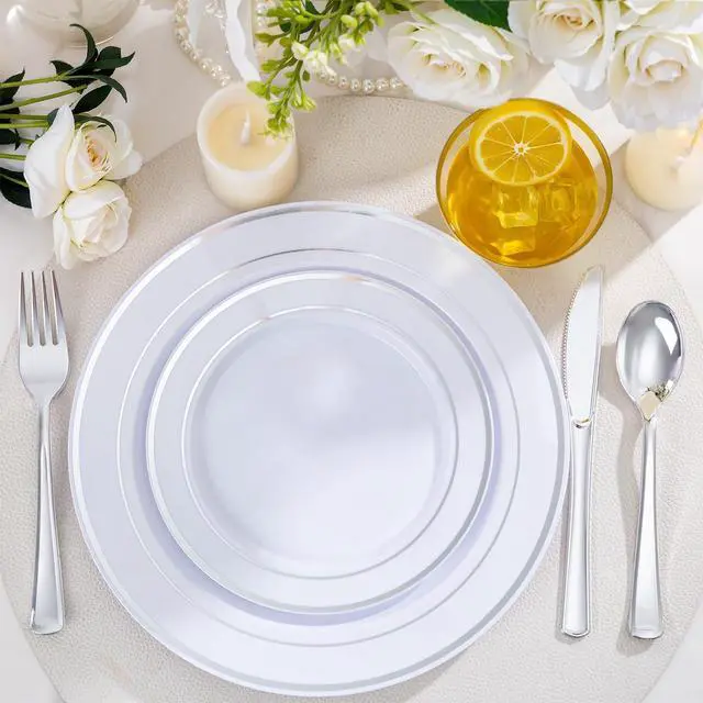 Alt view image 3 of 7 - 600 PCS Silver Disposable Dinnerware Set for 100 Guests, Wedding Reception Plates & Silver Plastic Tableware, Dinner & Salad Plates, Cups, Forks, Knives & Spoons for Weddings & Elegant Events