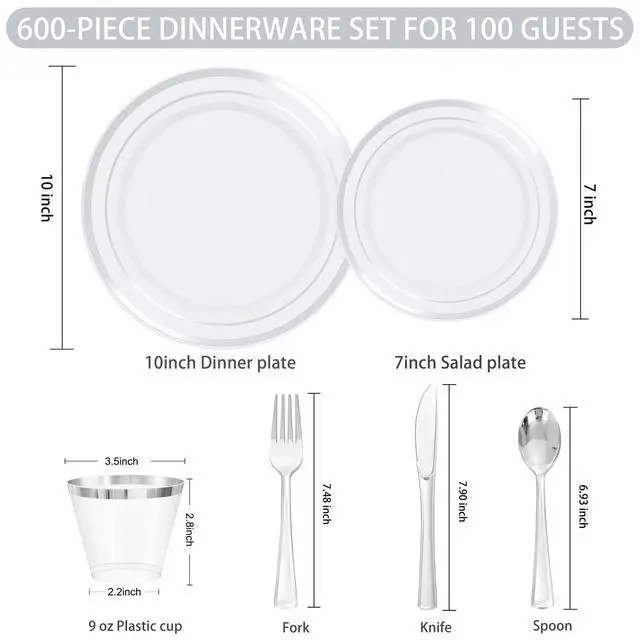 Alt view image 6 of 7 - 600 PCS Silver Disposable Dinnerware Set for 100 Guests, Wedding Reception Plates & Silver Plastic Tableware, Dinner & Salad Plates, Cups, Forks, Knives & Spoons for Weddings & Elegant Events
