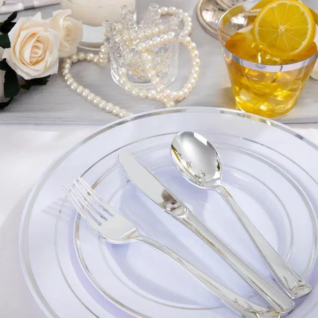Alt view image 7 of 7 - 600 PCS Silver Disposable Dinnerware Set for 100 Guests, Wedding Reception Plates & Silver Plastic Tableware, Dinner & Salad Plates, Cups, Forks, Knives & Spoons for Weddings & Elegant Events