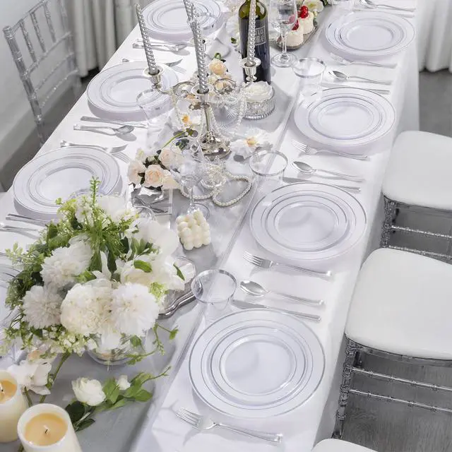 Alt view image 5 of 7 - 600 PCS Silver Disposable Dinnerware Set for 100 Guests, Wedding Reception Plates & Silver Plastic Tableware, Dinner & Salad Plates, Cups, Forks, Knives & Spoons for Weddings & Elegant Events
