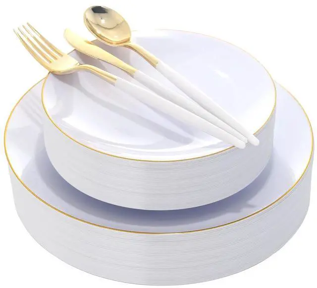 Main image of 150Pcs Gold Plastic Plates with Disposable Silverware,White Gold Disposable Dinnerware Set - 30 Dinner Plate,30 Dessert Plate,90 Gold Cutlery with White Handles,Fancy Plates for Party Wedding
