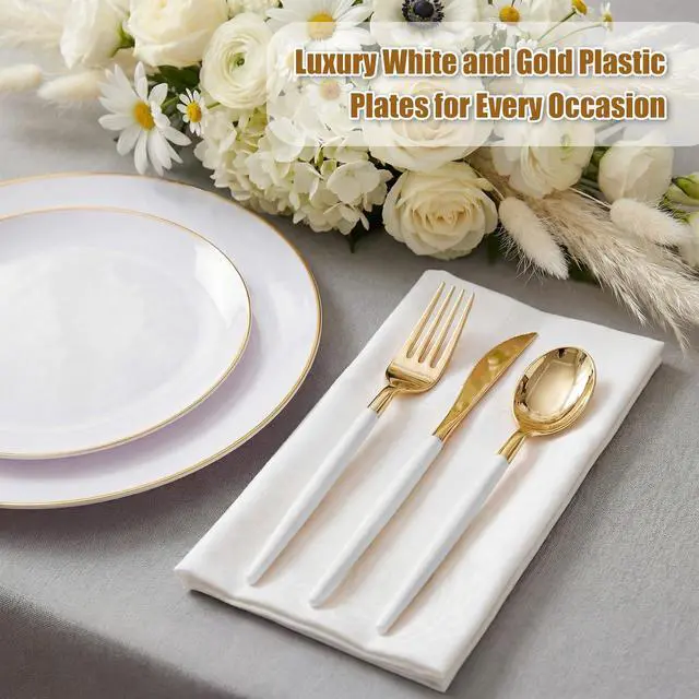 Alt view image 2 of 7 - 150Pcs Gold Plastic Plates with Disposable Silverware,White Gold Disposable Dinnerware Set - 30 Dinner Plate,30 Dessert Plate,90 Gold Cutlery with White Handles,Fancy Plates for Party Wedding