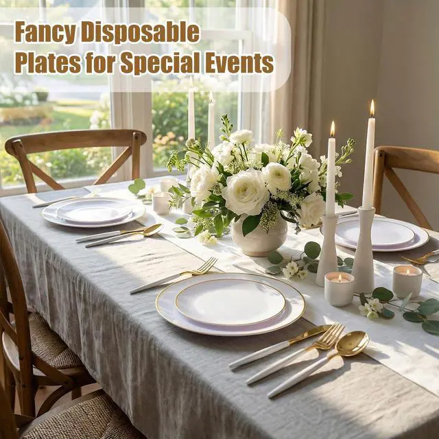 Alt view image 4 of 7 - 150Pcs Gold Plastic Plates with Disposable Silverware,White Gold Disposable Dinnerware Set - 30 Dinner Plate,30 Dessert Plate,90 Gold Cutlery with White Handles,Fancy Plates for Party Wedding