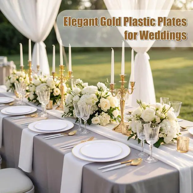 Alt view image 5 of 7 - 150Pcs Gold Plastic Plates with Disposable Silverware,White Gold Disposable Dinnerware Set - 30 Dinner Plate,30 Dessert Plate,90 Gold Cutlery with White Handles,Fancy Plates for Party Wedding