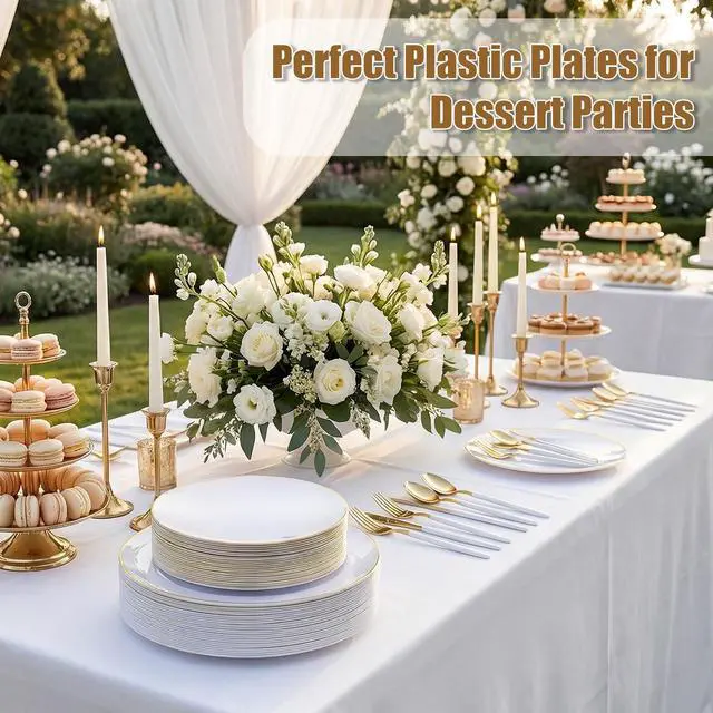Alt view image 3 of 7 - 150Pcs Gold Plastic Plates with Disposable Silverware,White Gold Disposable Dinnerware Set - 30 Dinner Plate,30 Dessert Plate,90 Gold Cutlery with White Handles,Fancy Plates for Party Wedding
