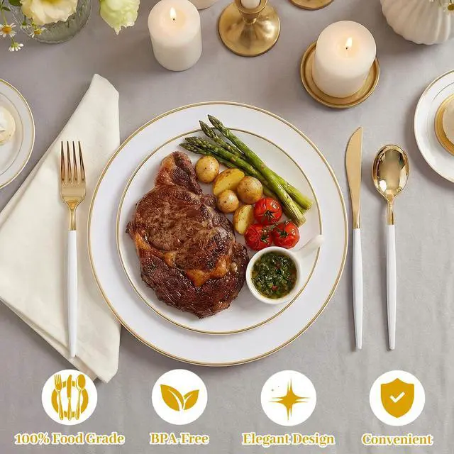 Alt view image 6 of 7 - 150Pcs Gold Plastic Plates with Disposable Silverware,White Gold Disposable Dinnerware Set - 30 Dinner Plate,30 Dessert Plate,90 Gold Cutlery with White Handles,Fancy Plates for Party Wedding