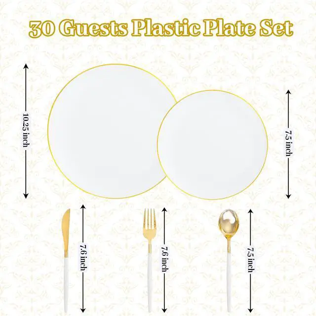 Alt view image 7 of 7 - 150Pcs Gold Plastic Plates with Disposable Silverware,White Gold Disposable Dinnerware Set - 30 Dinner Plate,30 Dessert Plate,90 Gold Cutlery with White Handles,Fancy Plates for Party Wedding