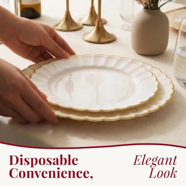 Alt view image 2 of 7 - HEAVYWEIGHT Gold Scalloped Plastic Plates for Party Wedding 100 Pc
