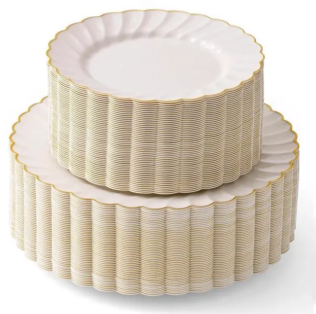 Main image of HEAVYWEIGHT Gold Scalloped Plastic Plates for Party Wedding 100 Pc