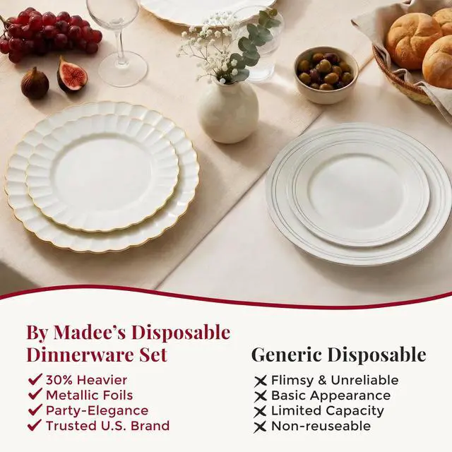 Alt view image 7 of 7 - HEAVYWEIGHT Gold Scalloped Plastic Plates for Party Wedding 100 Pc