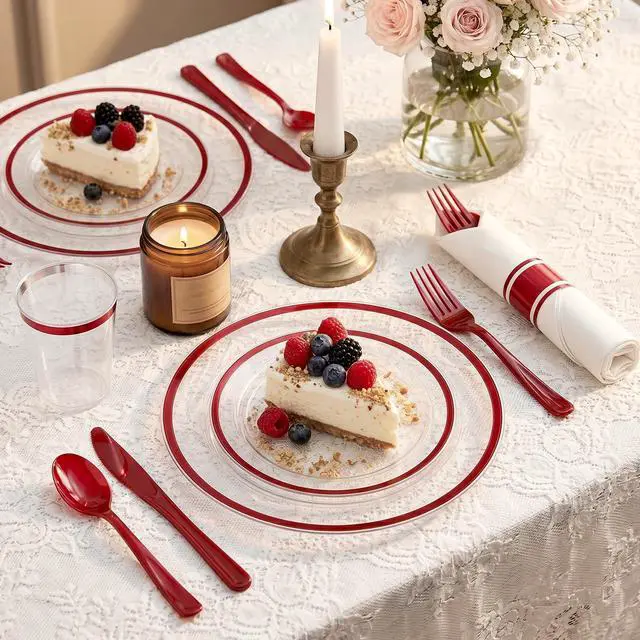 Alt view image 2 of 7 - 350pcs Plastic Plates for Party Clear & Red