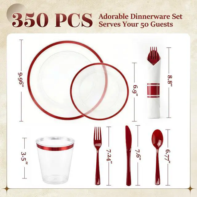Alt view image 3 of 7 - 350pcs Plastic Plates for Party Clear & Red