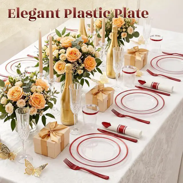 Alt view image 4 of 7 - 350pcs Plastic Plates for Party Clear & Red