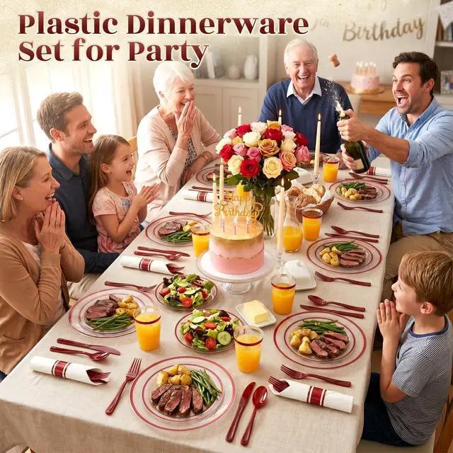 Alt view image 5 of 7 - 350pcs Plastic Plates for Party Clear & Red