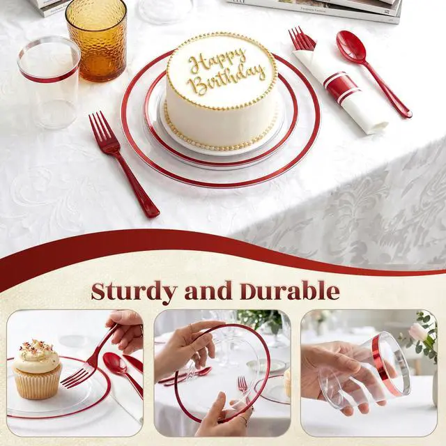 Alt view image 6 of 7 - 350pcs Plastic Plates for Party Clear & Red
