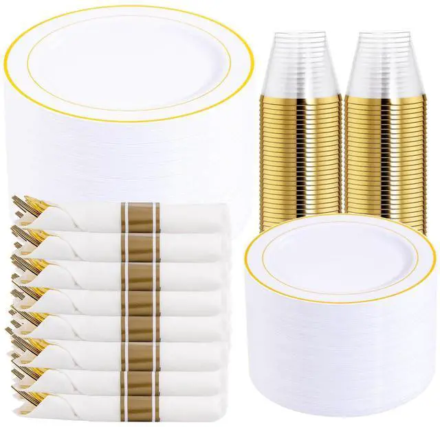 Main image of 350PCS Gold Plastic Dinnerware Set for 50 Guests, Fancy Disposable Plates for Party, Include: 50 Dinner Plates, 50 Dessert Plates, 50 Pre Rolled Napkins with Gold Silverware, 50 Cups