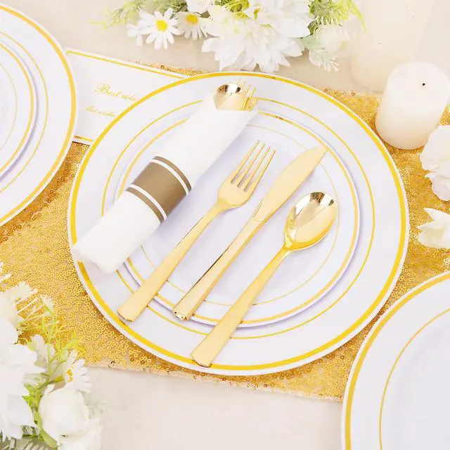 Alt view image 2 of 7 - 350PCS Gold Plastic Dinnerware Set for 50 Guests, Fancy Disposable Plates for Party, Include: 50 Dinner Plates, 50 Dessert Plates, 50 Pre Rolled Napkins with Gold Silverware, 50 Cups
