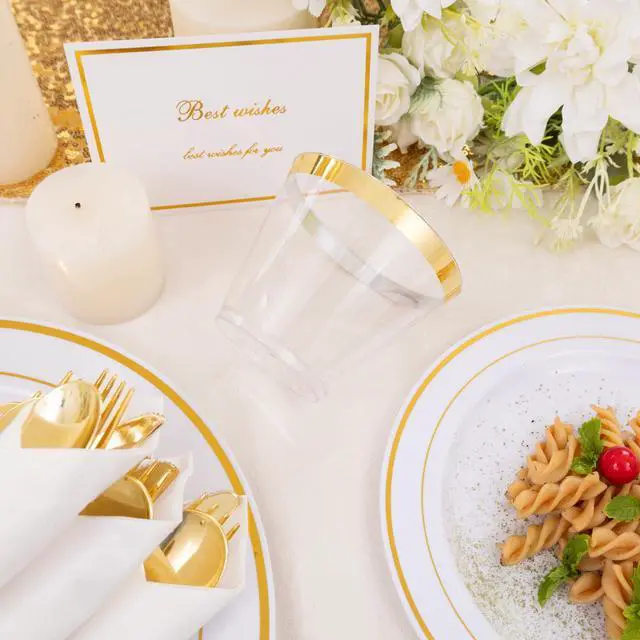 Alt view image 3 of 7 - 350PCS Gold Plastic Dinnerware Set for 50 Guests, Fancy Disposable Plates for Party, Include: 50 Dinner Plates, 50 Dessert Plates, 50 Pre Rolled Napkins with Gold Silverware, 50 Cups