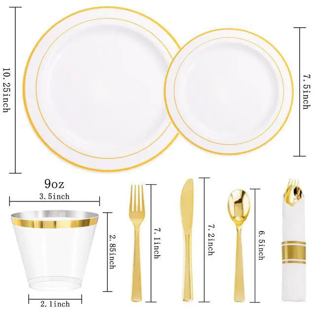 Alt view image 4 of 7 - 350PCS Gold Plastic Dinnerware Set for 50 Guests, Fancy Disposable Plates for Party, Include: 50 Dinner Plates, 50 Dessert Plates, 50 Pre Rolled Napkins with Gold Silverware, 50 Cups