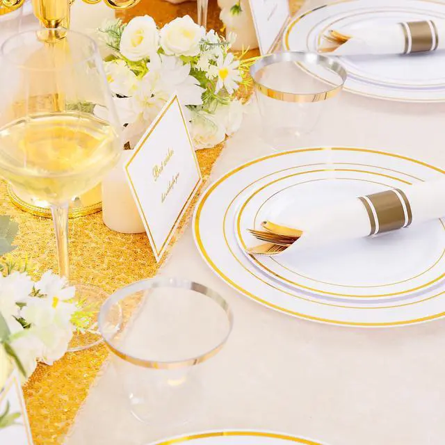 Alt view image 6 of 7 - 350PCS Gold Plastic Dinnerware Set for 50 Guests, Fancy Disposable Plates for Party, Include: 50 Dinner Plates, 50 Dessert Plates, 50 Pre Rolled Napkins with Gold Silverware, 50 Cups