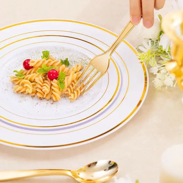Alt view image 5 of 7 - 350PCS Gold Plastic Dinnerware Set for 50 Guests, Fancy Disposable Plates for Party, Include: 50 Dinner Plates, 50 Dessert Plates, 50 Pre Rolled Napkins with Gold Silverware, 50 Cups