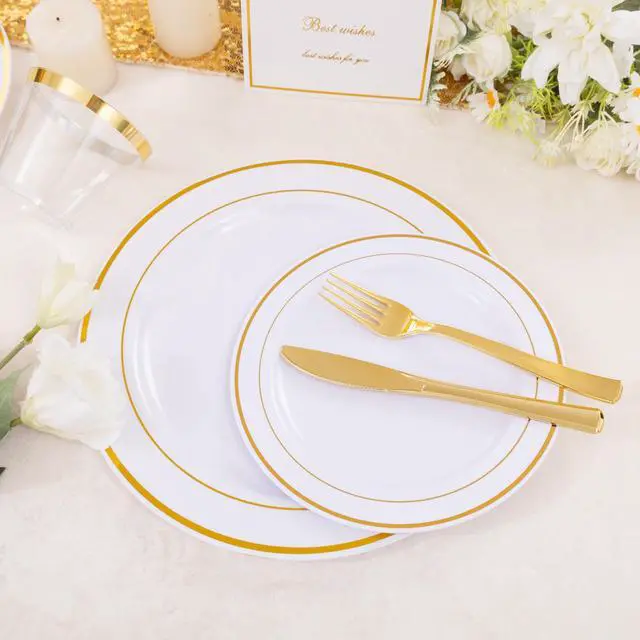 Alt view image 7 of 7 - 350PCS Gold Plastic Dinnerware Set for 50 Guests, Fancy Disposable Plates for Party, Include: 50 Dinner Plates, 50 Dessert Plates, 50 Pre Rolled Napkins with Gold Silverware, 50 Cups
